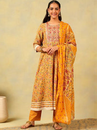 Mamicha Women Floral Printed Pure Cotton Kurta with Trousers & With Dupatta