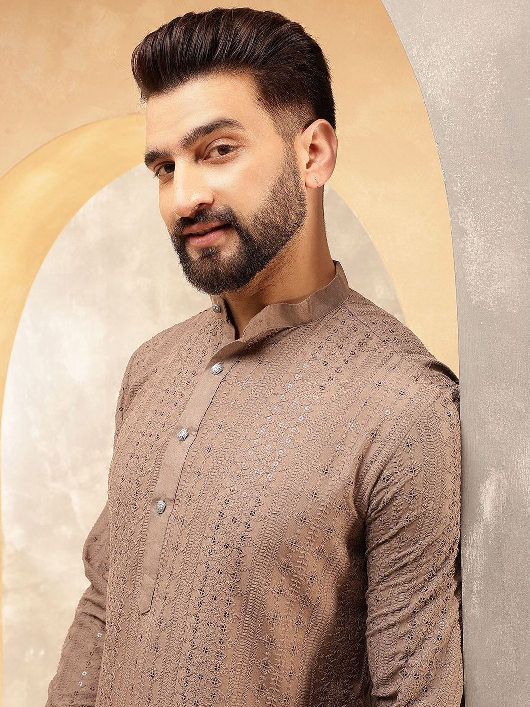Anouk Brown Geometric Sequence Band Collar Straight Kurta