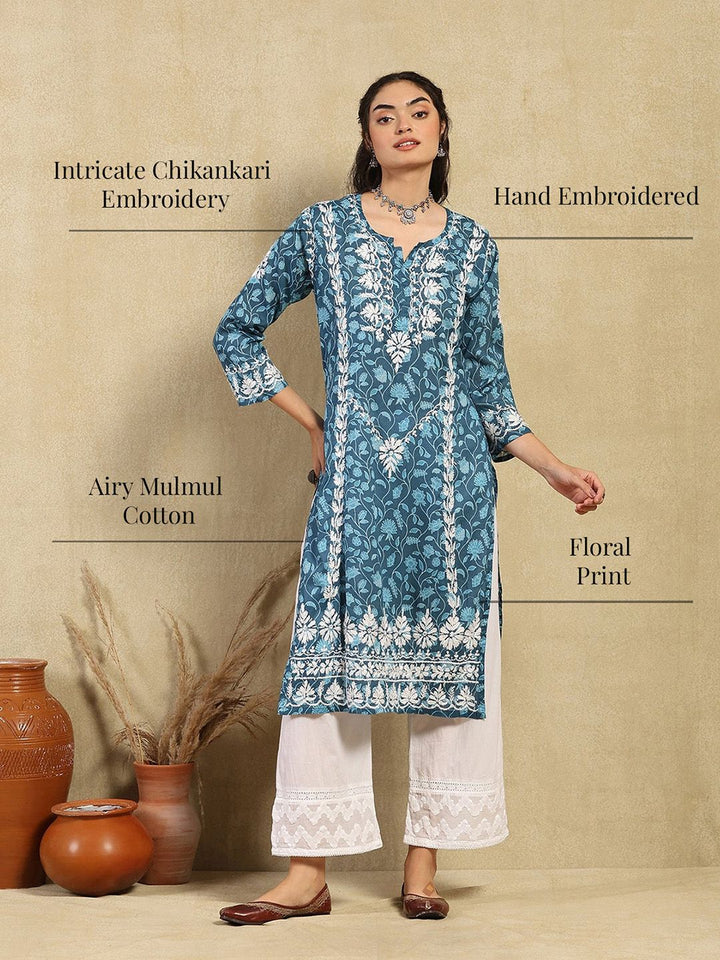 House of Chikankari Women Dark Blue Mulmul Chikankari Embroidered Kurta
