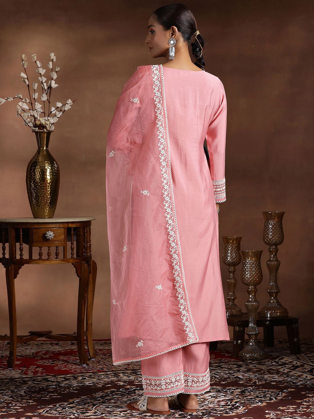 Libas Floral Yoke Design Notch Neck Thread Work Straight Kurta With Trousers & Dupatta