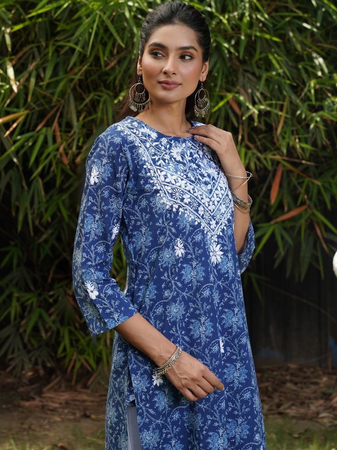 House of Chikankari Women Floral Printed Thread Work Indie Prints Kurta