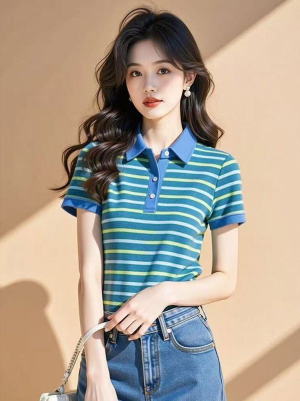 DressBerry Striped Polo Collar Regular Sleeves Cotton T-shirt