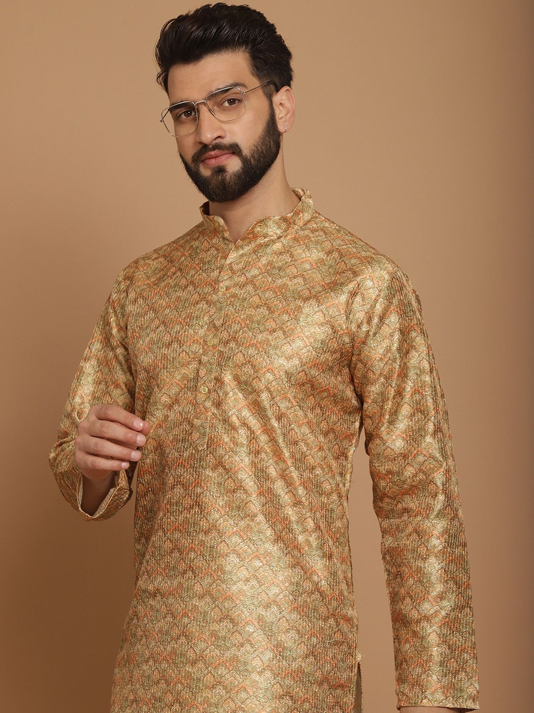 Anouk Men Mustard Yellow Ethnic Motifs Thread Work Pathani Kurta