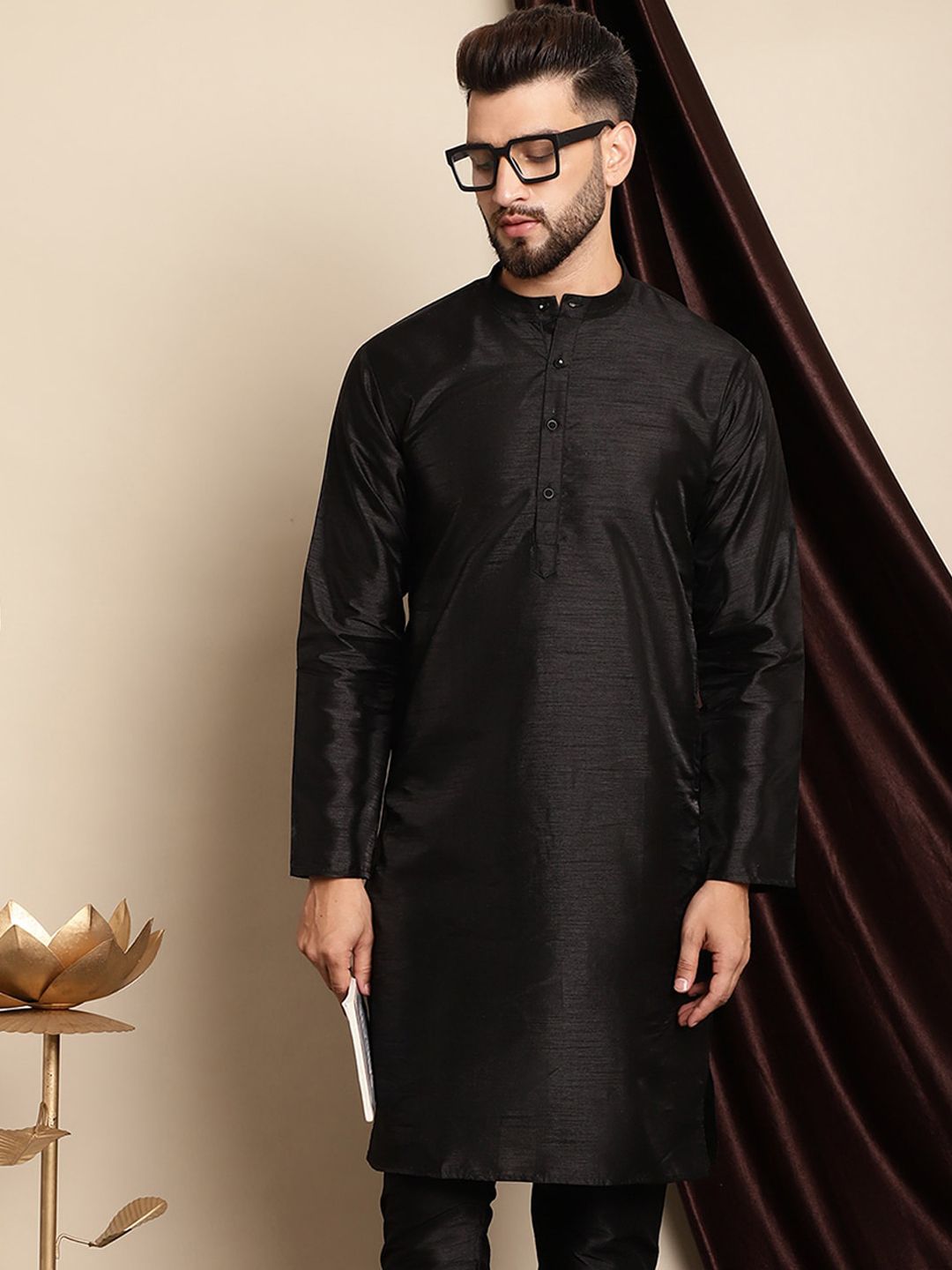 Anouk Band Collar Dupion Silk Straight Silk Cotton Regular Kurta