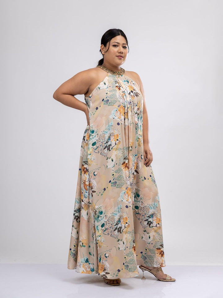 Pakaian Maxi Satin Leher Halter Bercetak Bunga Mamicha Wanita