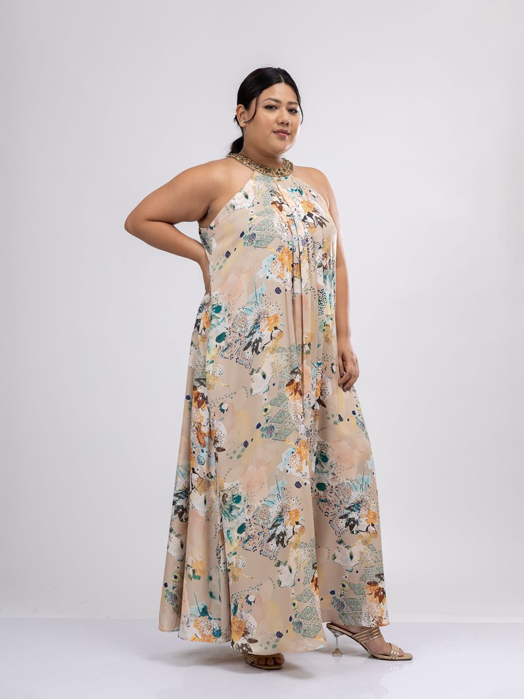 Pakaian Maxi Satin Leher Halter Bercetak Bunga Mamicha Wanita