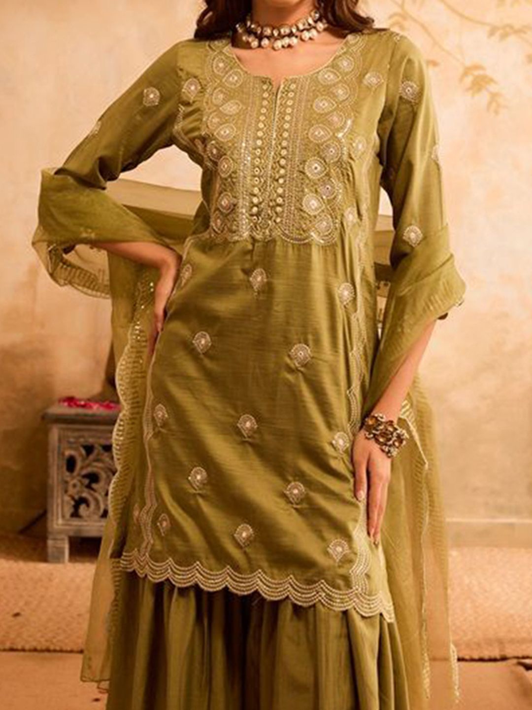 Bani Women Floral Embroidered Sequinned Straight Kurta with Palazzos & Dupatta