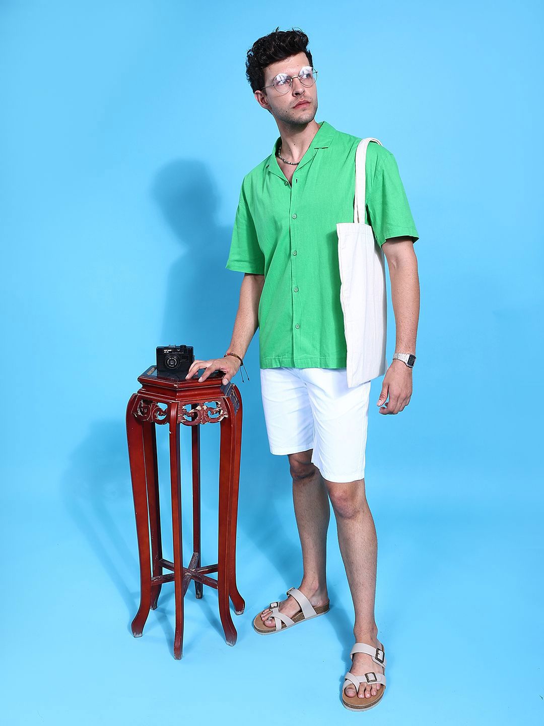 The Indian Garage Co Men Cuban Collar Relaxed Fit Linen Resortwear Shirt