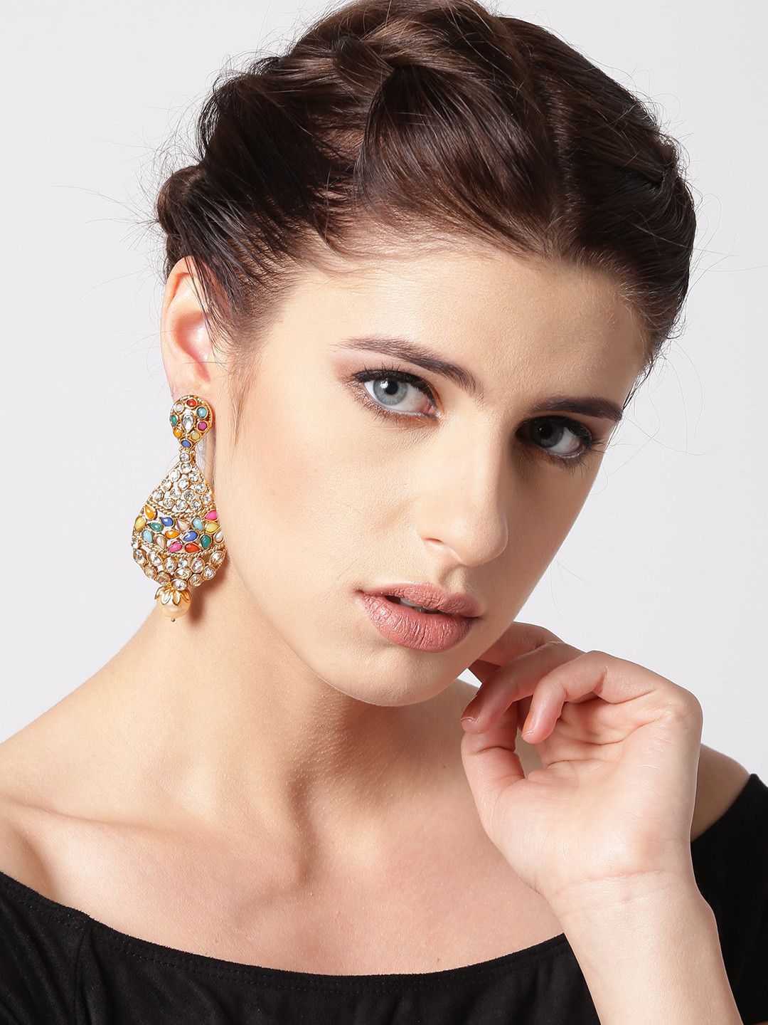 Anouk Pink Gold-Plated Stone Studded & Beaded Teardrop Shaped Drop Earrings