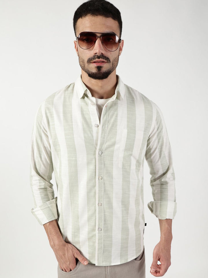 Thomas Scott Men Premium Spread Collar Vertical Striped Cotton Slim Fit Casual Shirt