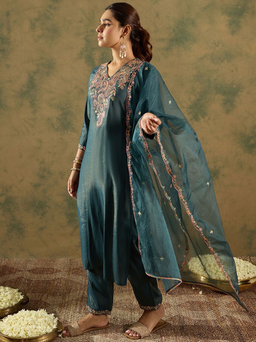Indo Era Ethnic Motifs Embroidered Liva Kurta With Trousers & Dupatta