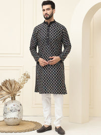 SOJANYA Geometric Embroidered Thread Work Silk Cotton Straight Kurta with Pyjamas