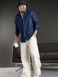 Eszett Graphic Printed Spread Collar Denim Casual Shirt
