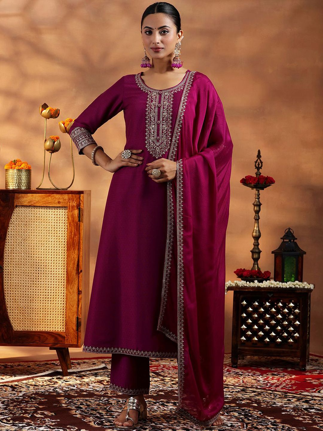 Libas Floral Yoke Design Zari Regular A Line Kurta with Trousers & Dupatta