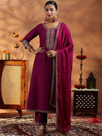Libas Floral Yoke Design Zari Regular A Line Kurta with Trousers & Dupatta