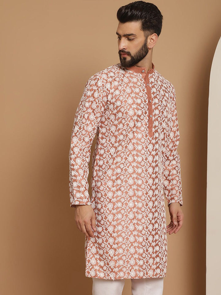 Anouk Peach-Coloured Floral Embroidered Thread Work Detailed Silk Cotton Straight Kurta