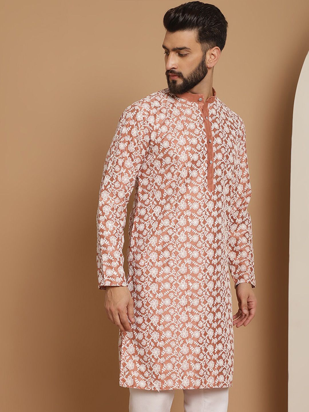 Anouk Peach-Coloured Floral Embroidered Thread Work Detailed Silk Cotton Straight Kurta