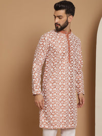 Anouk Peach-Coloured Floral Embroidered Thread Work Detailed Silk Cotton Straight Kurta