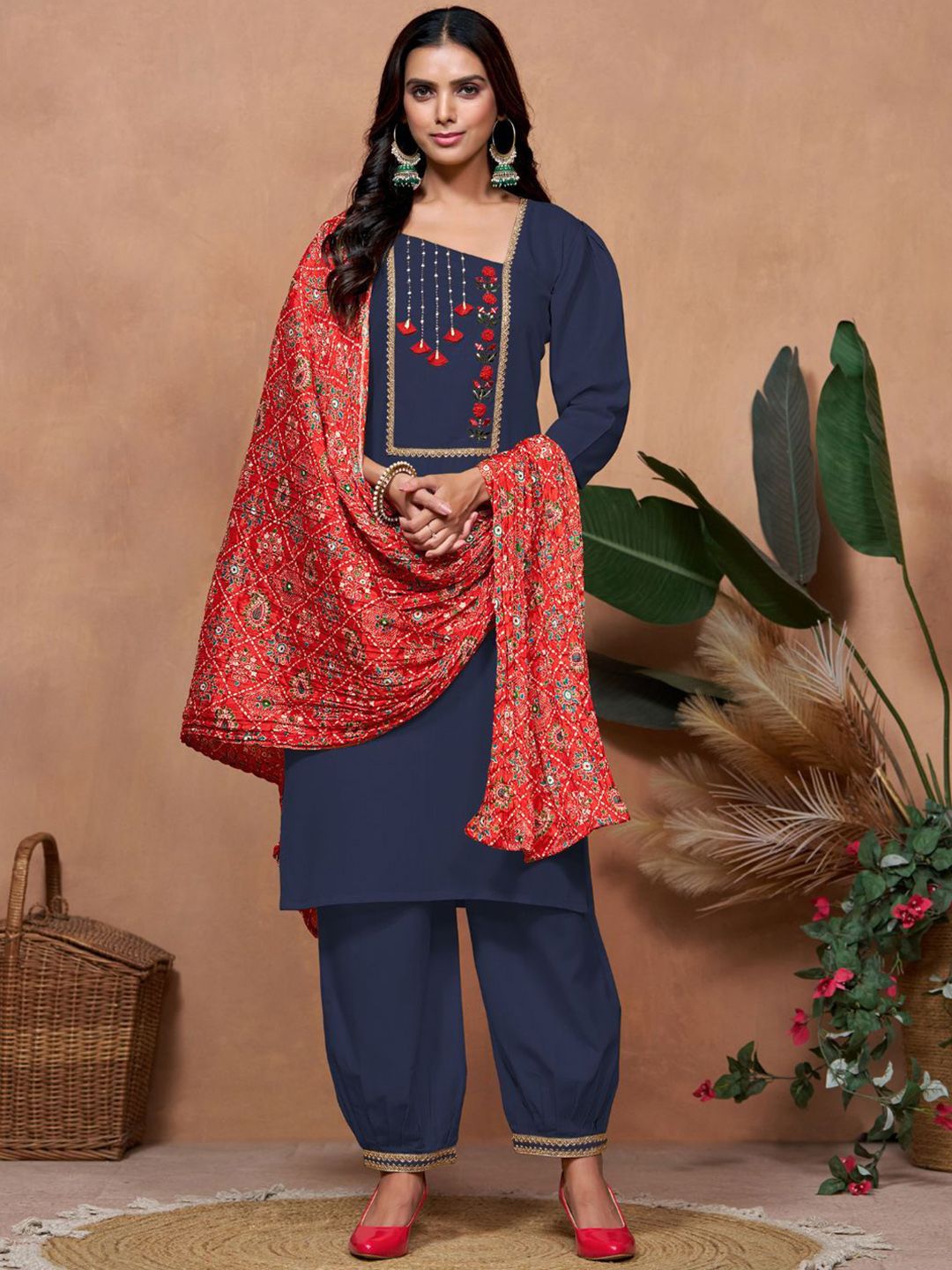 KALINI Ethnic Motifs Yoke Design Thread Work Straight Kurta With Salwar & Dupatta