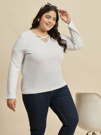 CURVY STREET Women Solid V-Neck Cotton Plus Size T-shirt