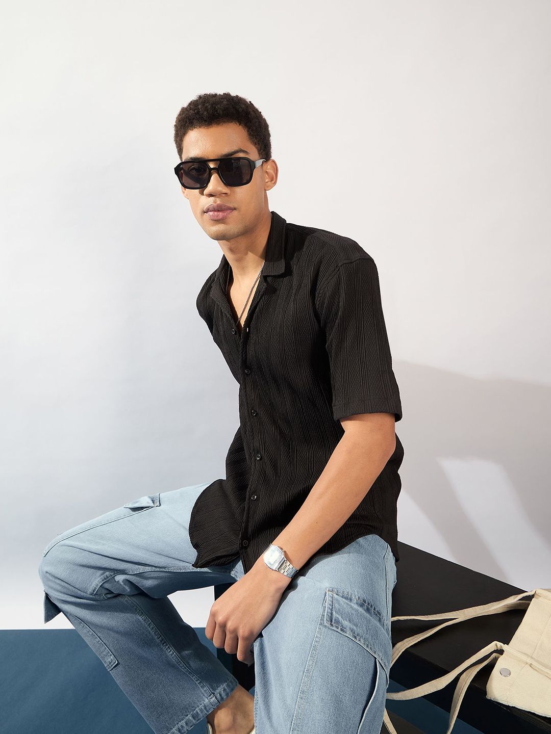 DENNISON Men Comfort Self Design Oversized Opaque Casual Shirt
