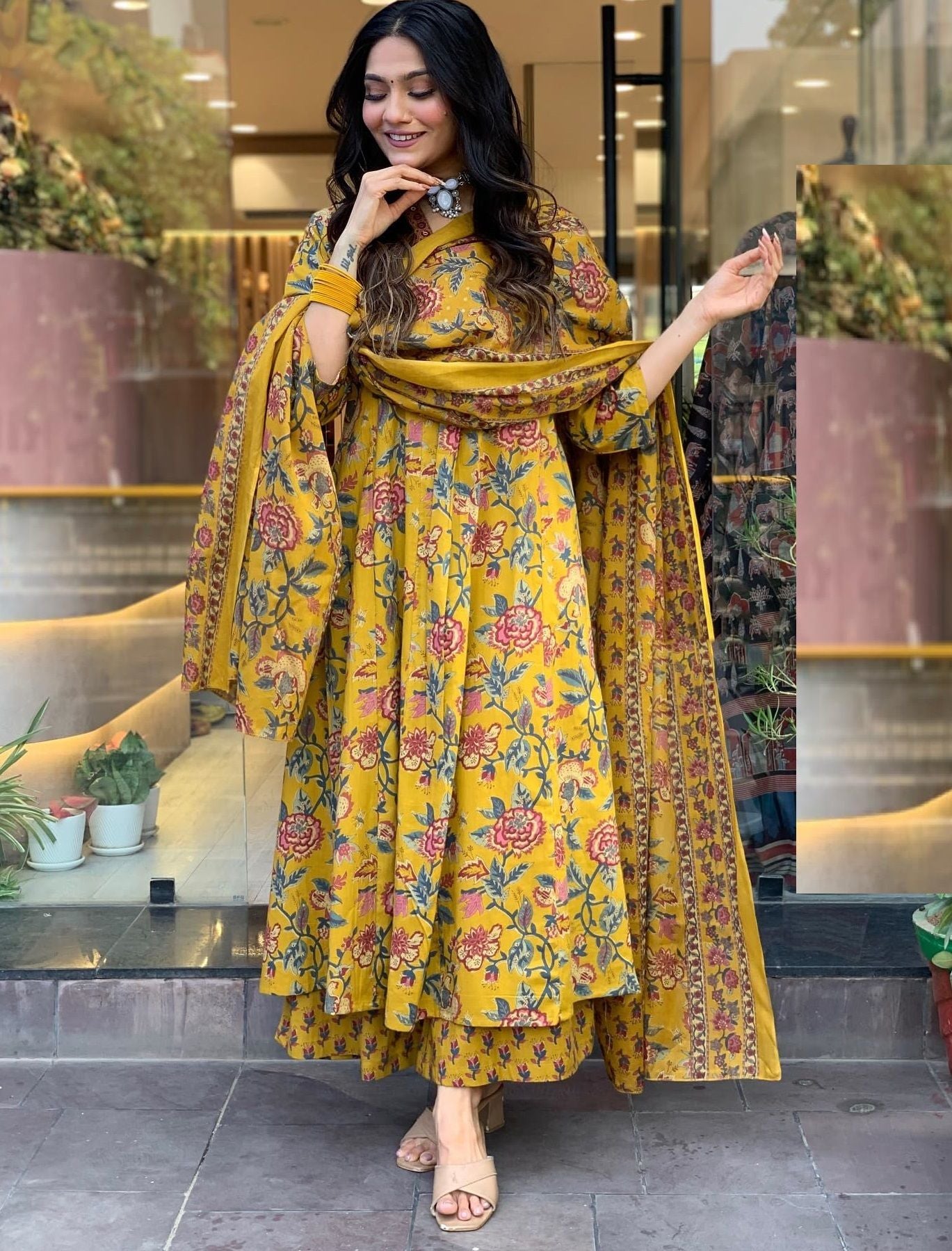 KALINI Floral Printed V-Neck Pleated A-Line Kurta With Palazzo And Dupatta