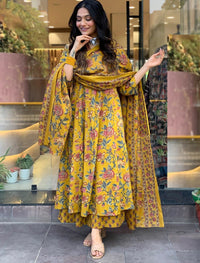 KALINI Floral Printed V-Neck Pleated A-Line Kurta With Palazzo And Dupatta
