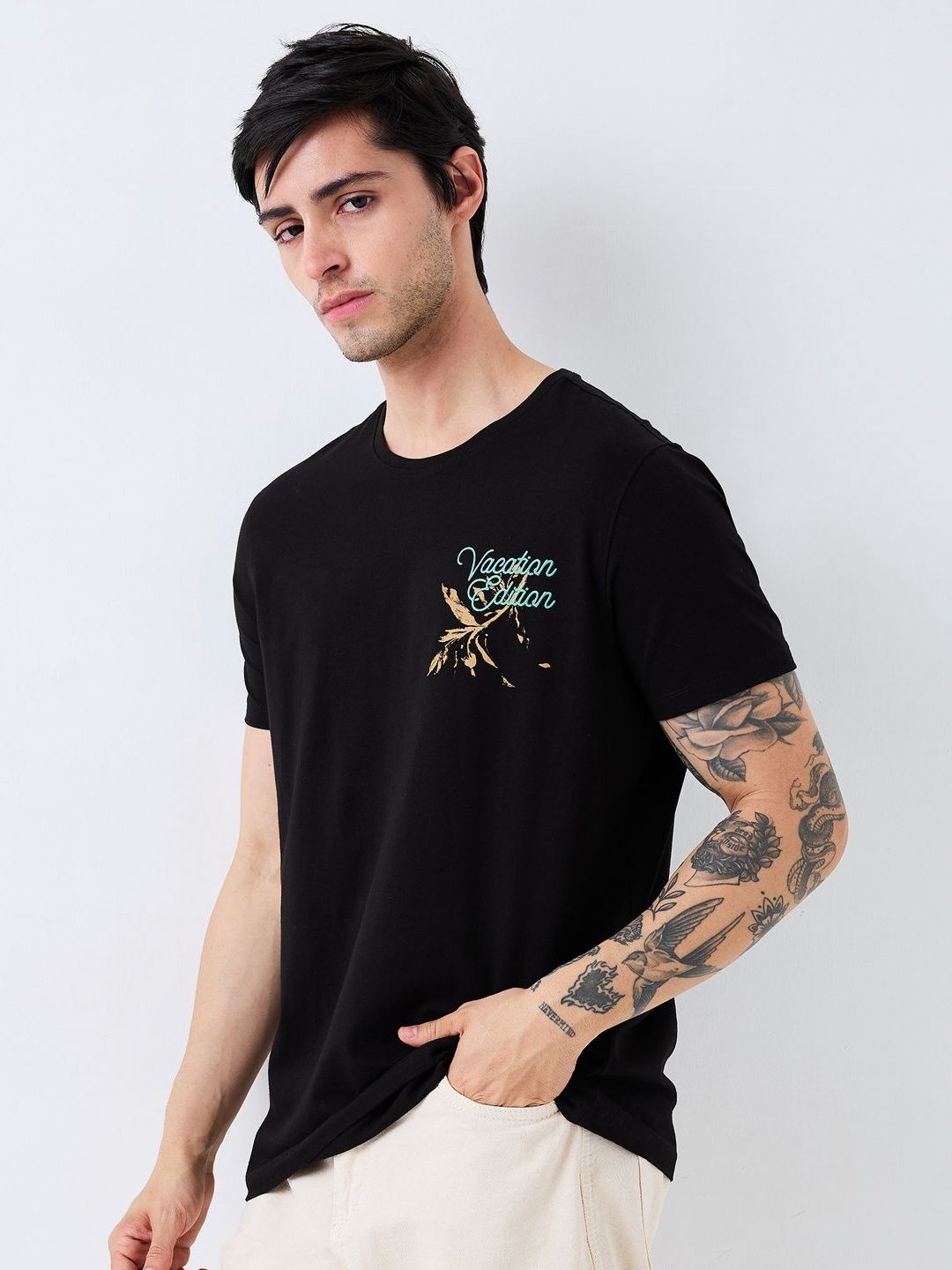 SPYKAR Men Typography Printed Round Neck Cotton Slim Fit T-shirt