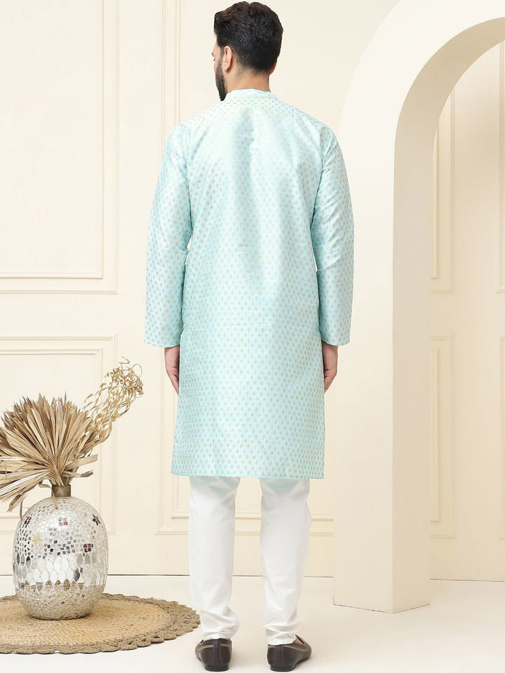 SOJANYA Ethnic Motifs Printed Mandarin Collar Silk Cotton Straight Kurta with Pyjamas