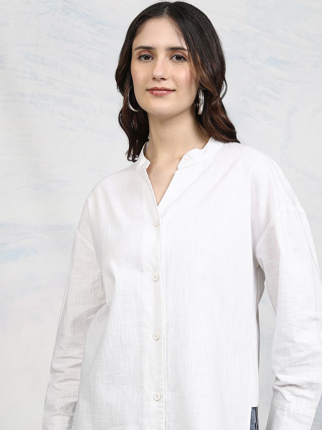 Tokyo Talkies Women Button Down Drop Shoulder Cotton Shirt