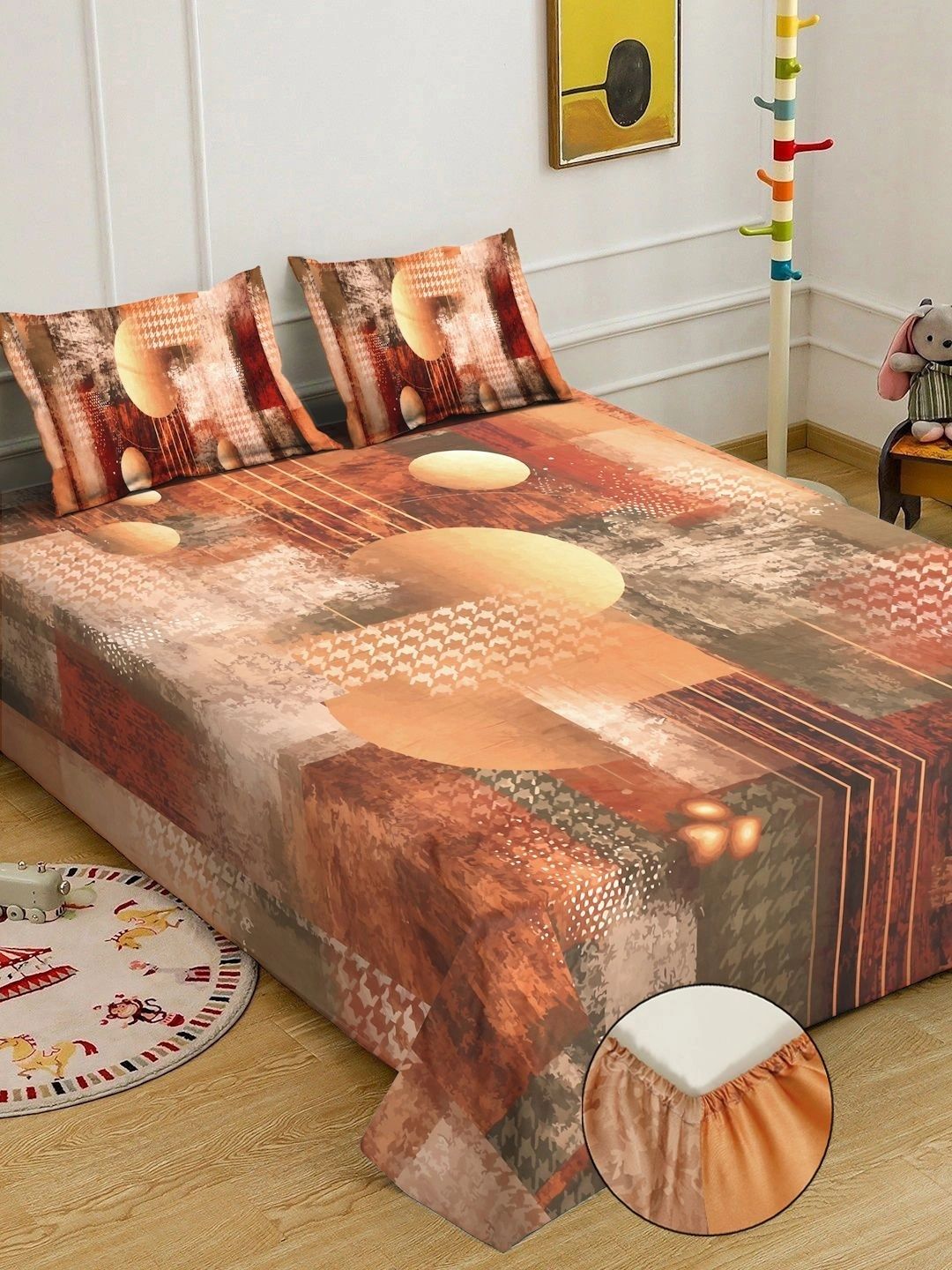 Klotthe Brown Geometric Printed Fitted 400 TC King 7D Bedsheet With 2 Pillow Cover