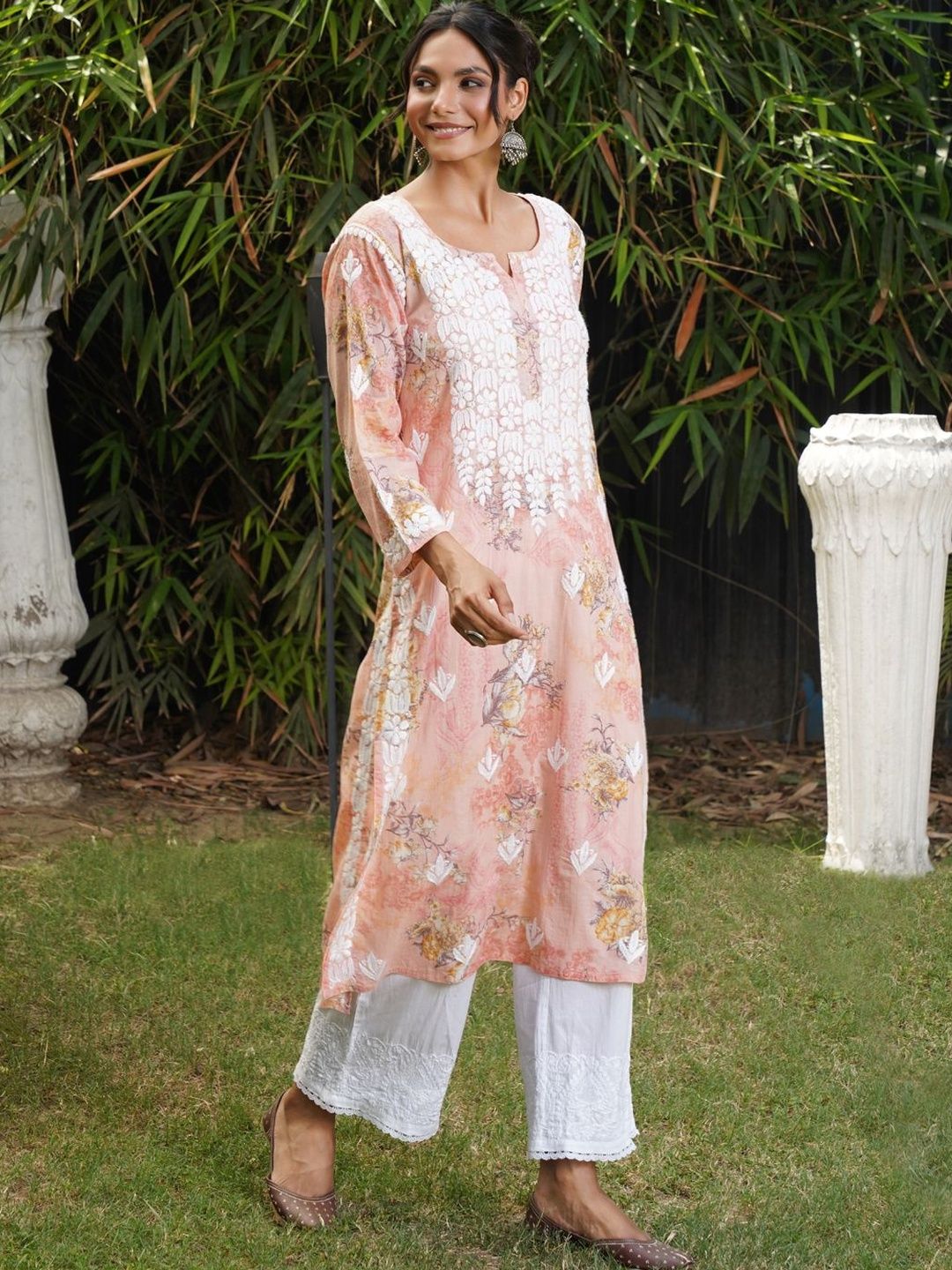 House of Chikankari Women Floral Printed Thread Work Indie Prints Kurta