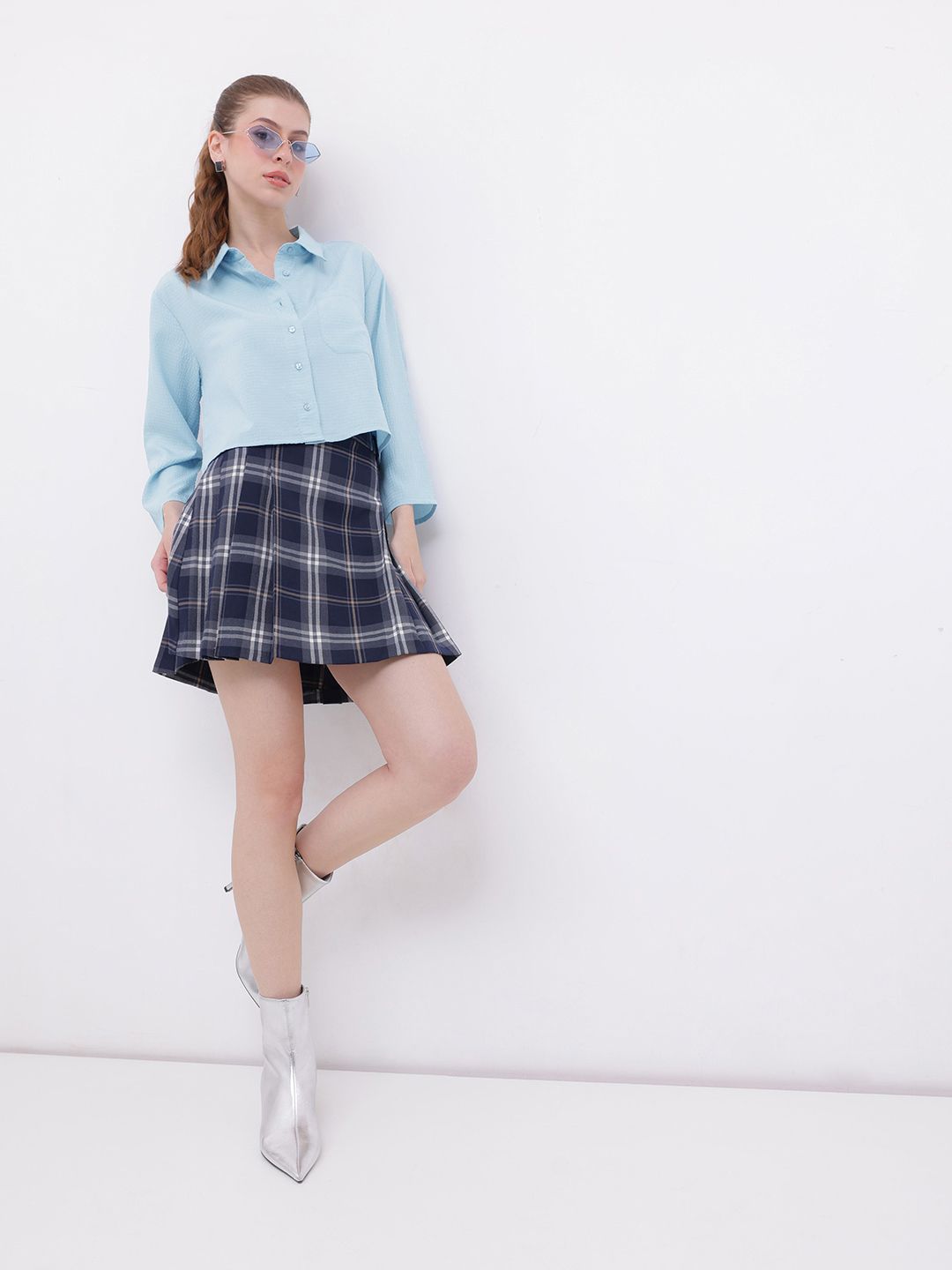 DressBerry Playful Allusion Seersucker Relaxed Fit Crop Shirt