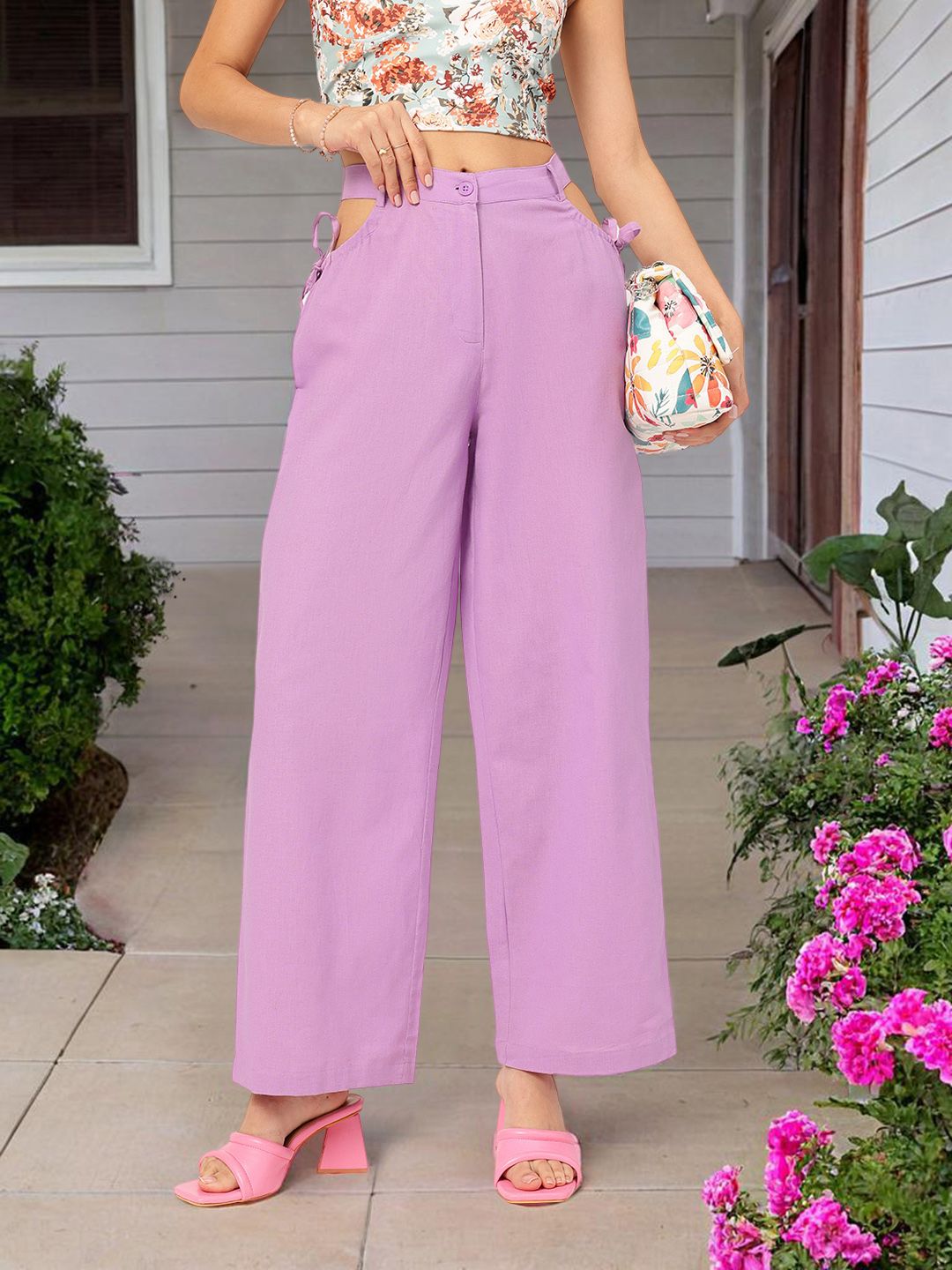 DressBerry Women Chic Rebellion Cut-Out Detail Trousers with Bow-Detail