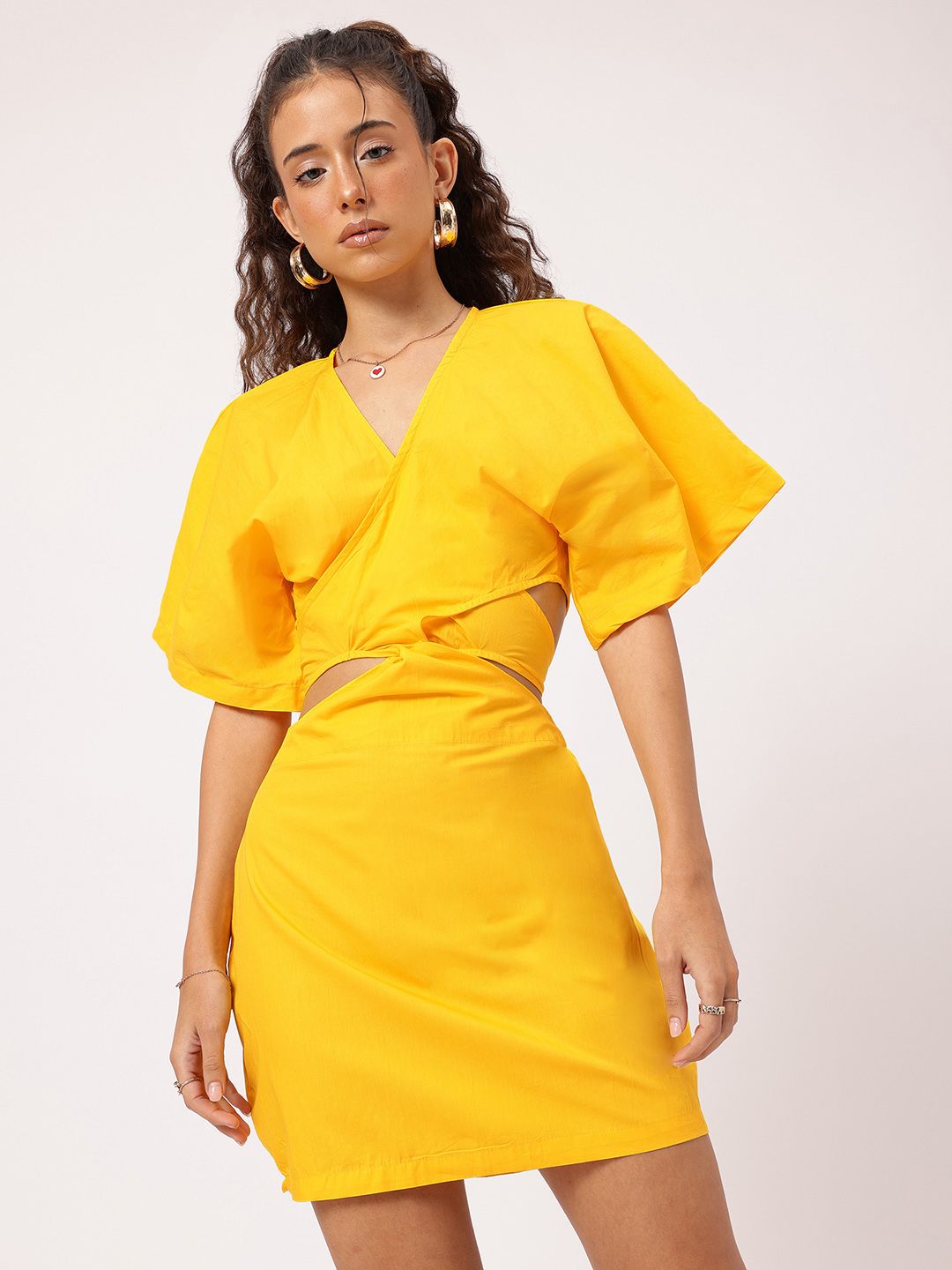 DressBerry Spunky & Stylish Flared Sleeve Cut-Out Back Tie-Up Wrap Mini Dress