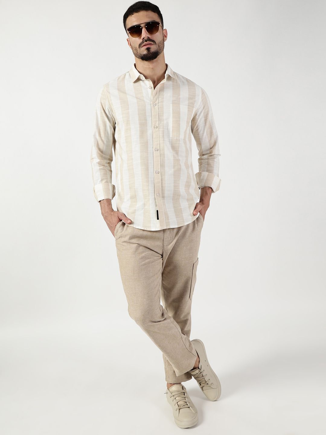 Thomas Scott Men Premium Spread Collar Vertical Striped Cotton Slim Fit Casual Shirt