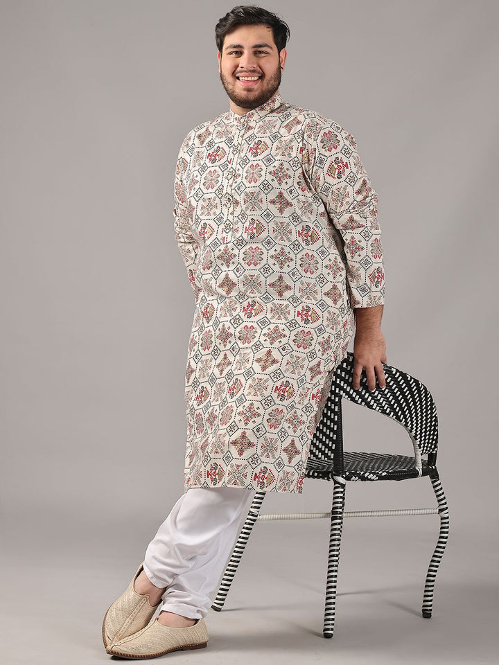 SOJANYA PLUS Plus Size Lelaki Motif Etnik Bercetak Cotton Linen Kurta Lurus Dengan Piyama