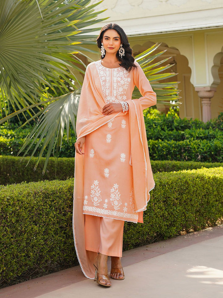 KALINI Floral Embroidered Round Neck Thread Work Kurta With Palazzos And Dupatta