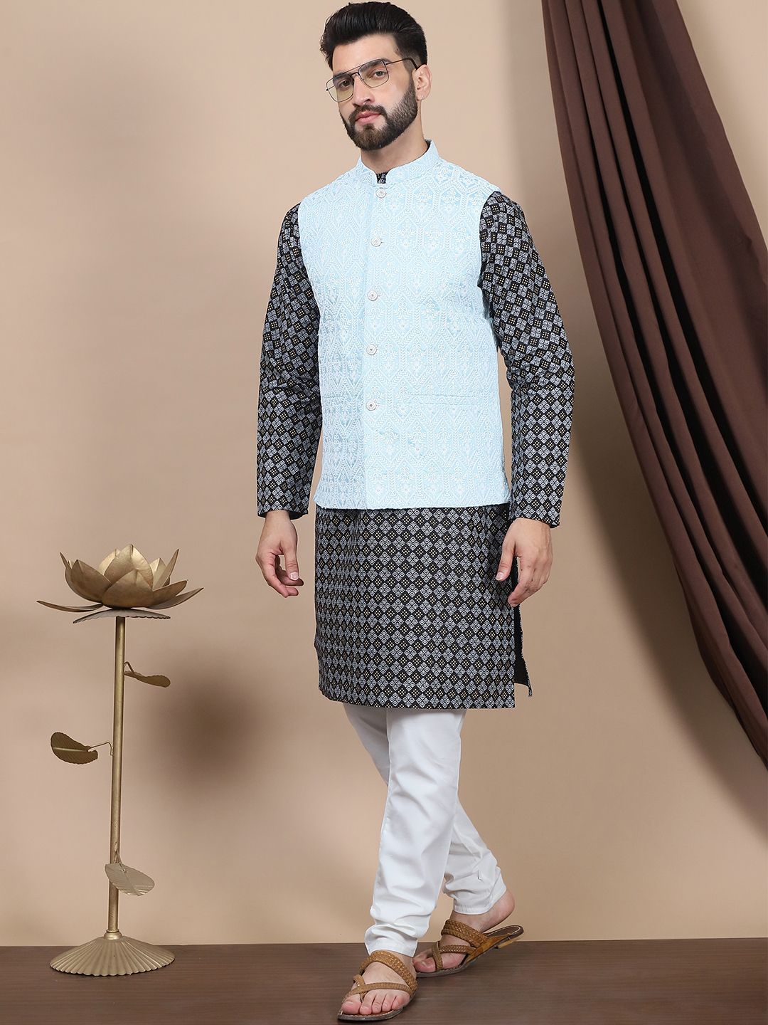 Anouk Floral Printed Regular Straight Kurta With Churidar & Nehru Jacket