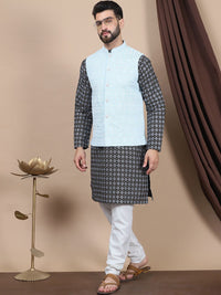 Anouk Floral Printed Regular Straight Kurta With Churidar & Nehru Jacket
