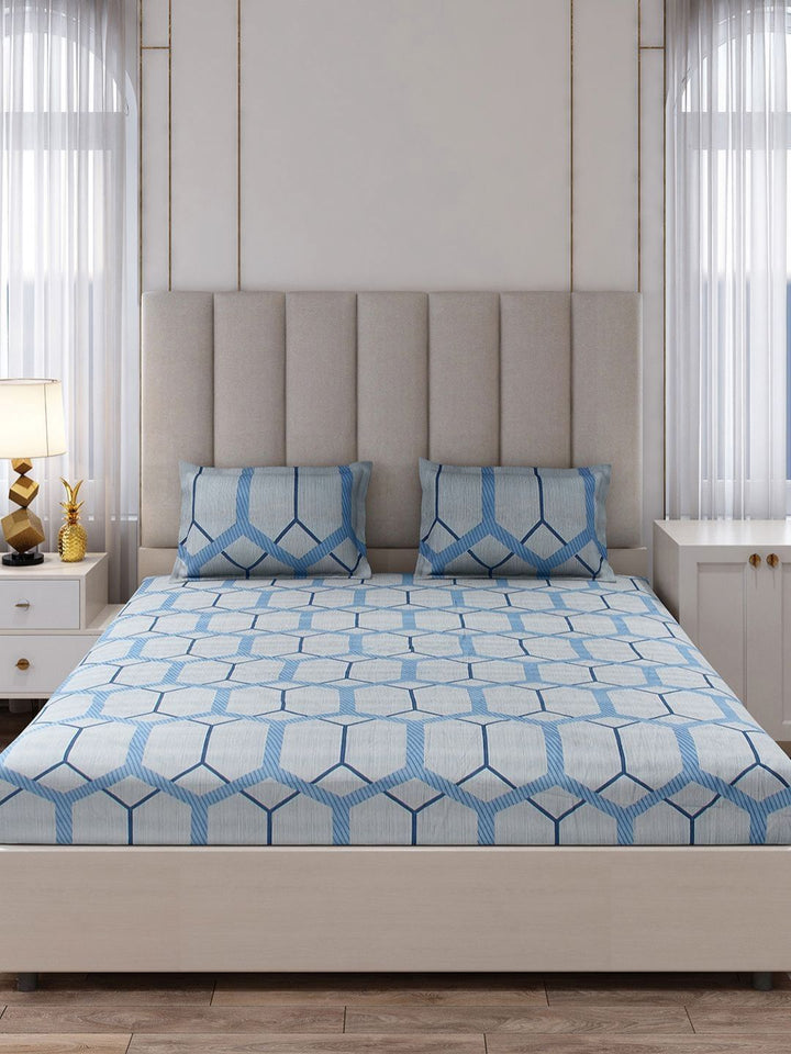Monte Carlo Blue & White Geometric Printed 130 TC King Bedsheet Set