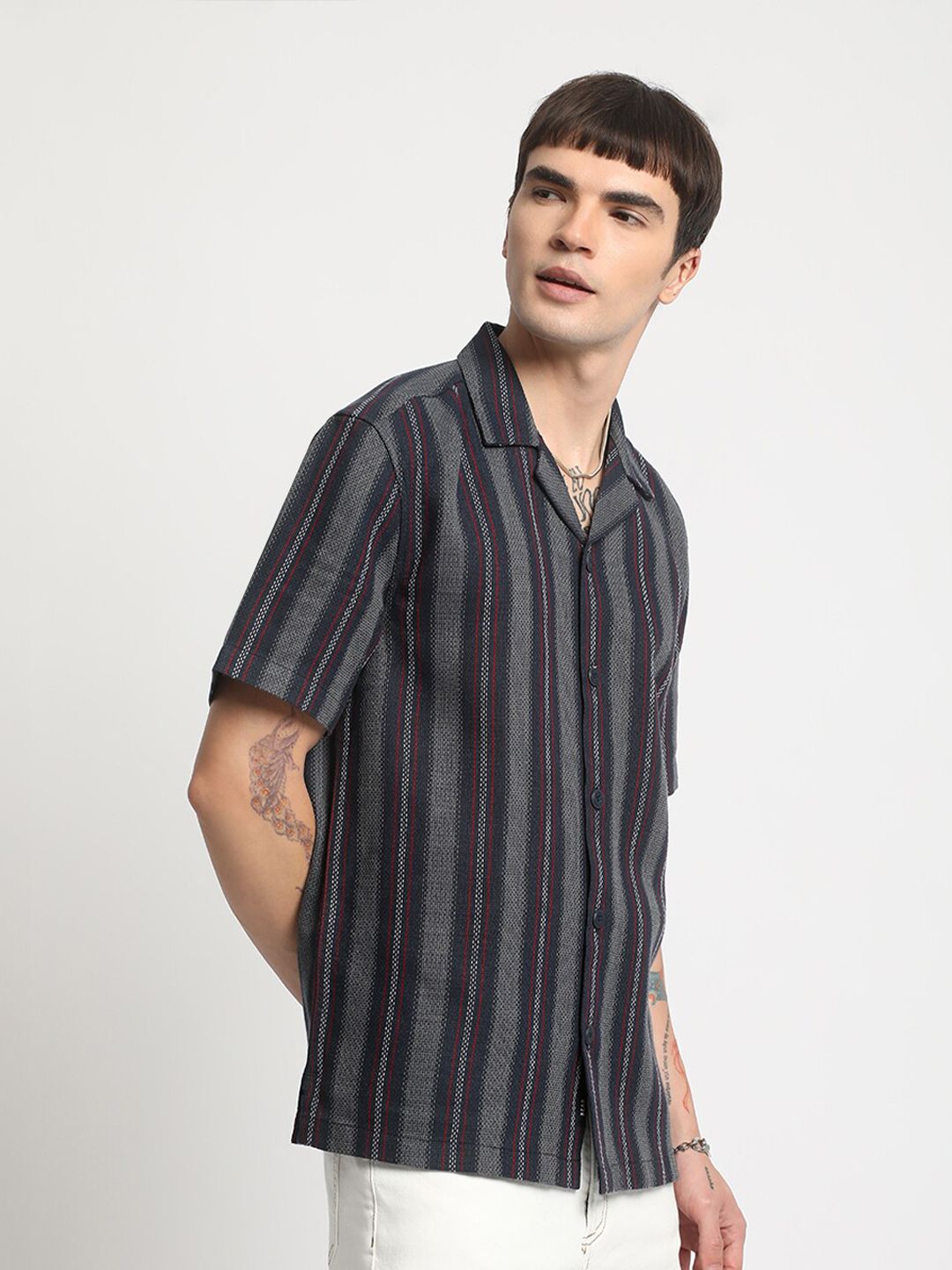 THE BEAR HOUSE Opaque Striped Pure Cotton Casual Shirt