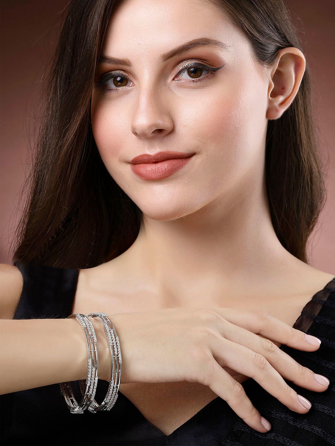 KARATCART Set Of 2 Sliver Plated CZ Studded Bangles