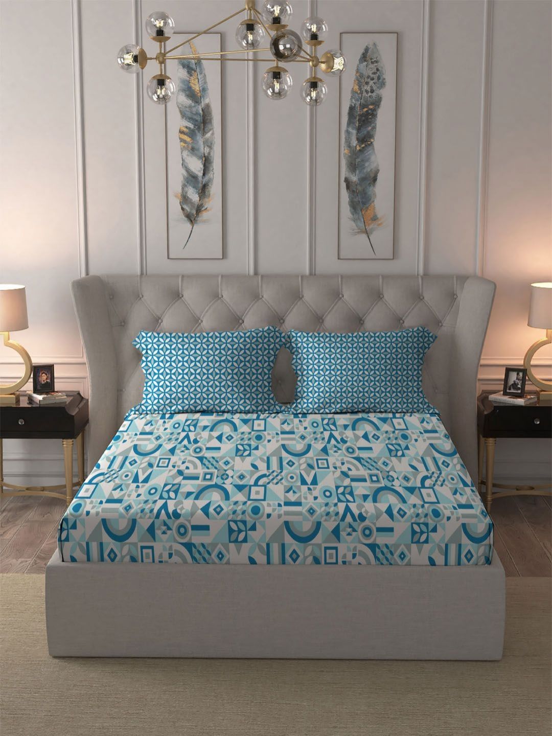 MYTRIDENT Magnolia Blue Comfort Living Flat 120TC Queen Cotton Bedsheet Set