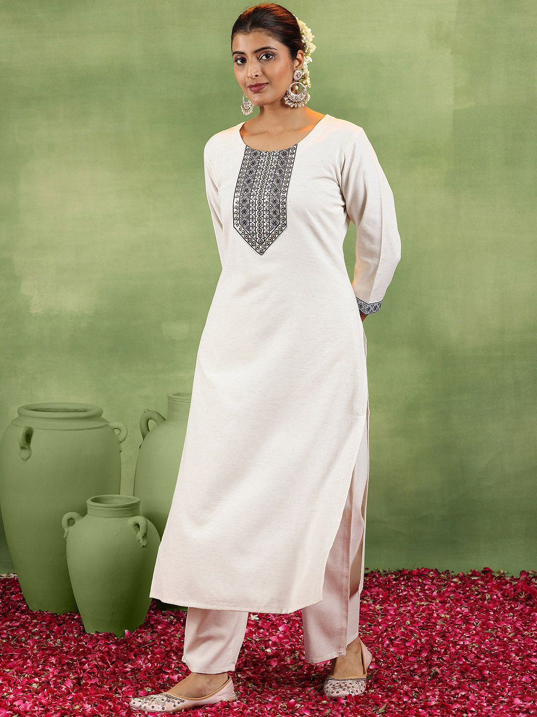 Libas Ethnic Motifs Embroidered Thread Work Straight Kurta With Trousers & Dupatta