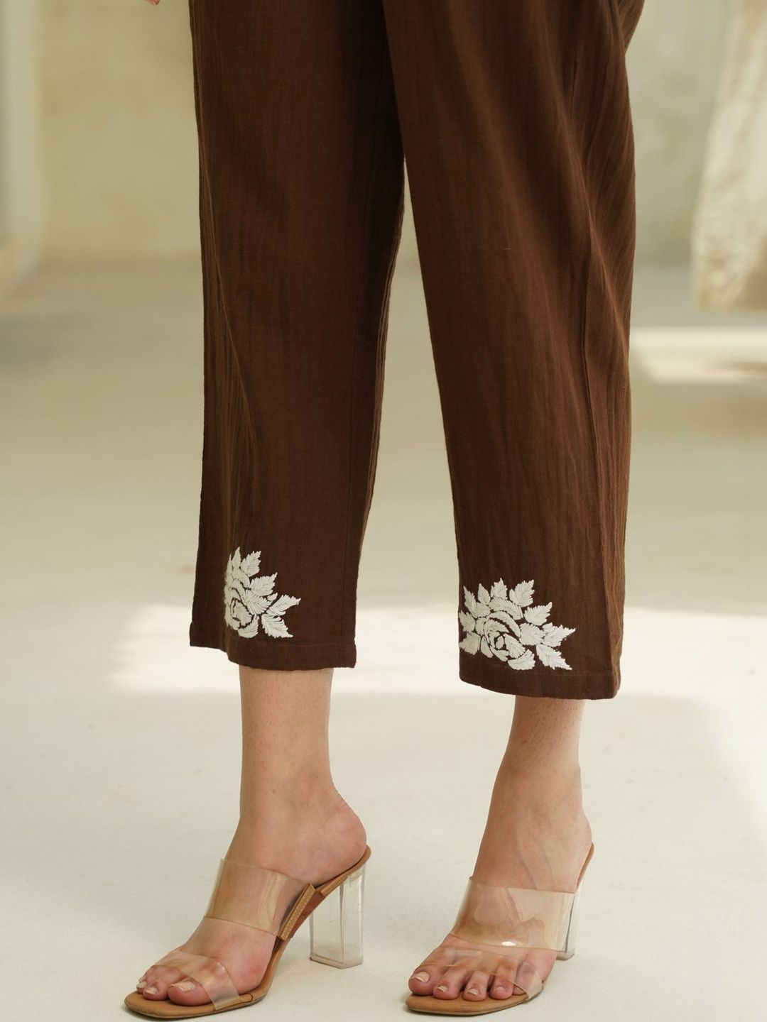 House of Chikankari Brown 2 Keping Cotton Solid Tunic dengan Set Co-Ord Seluar