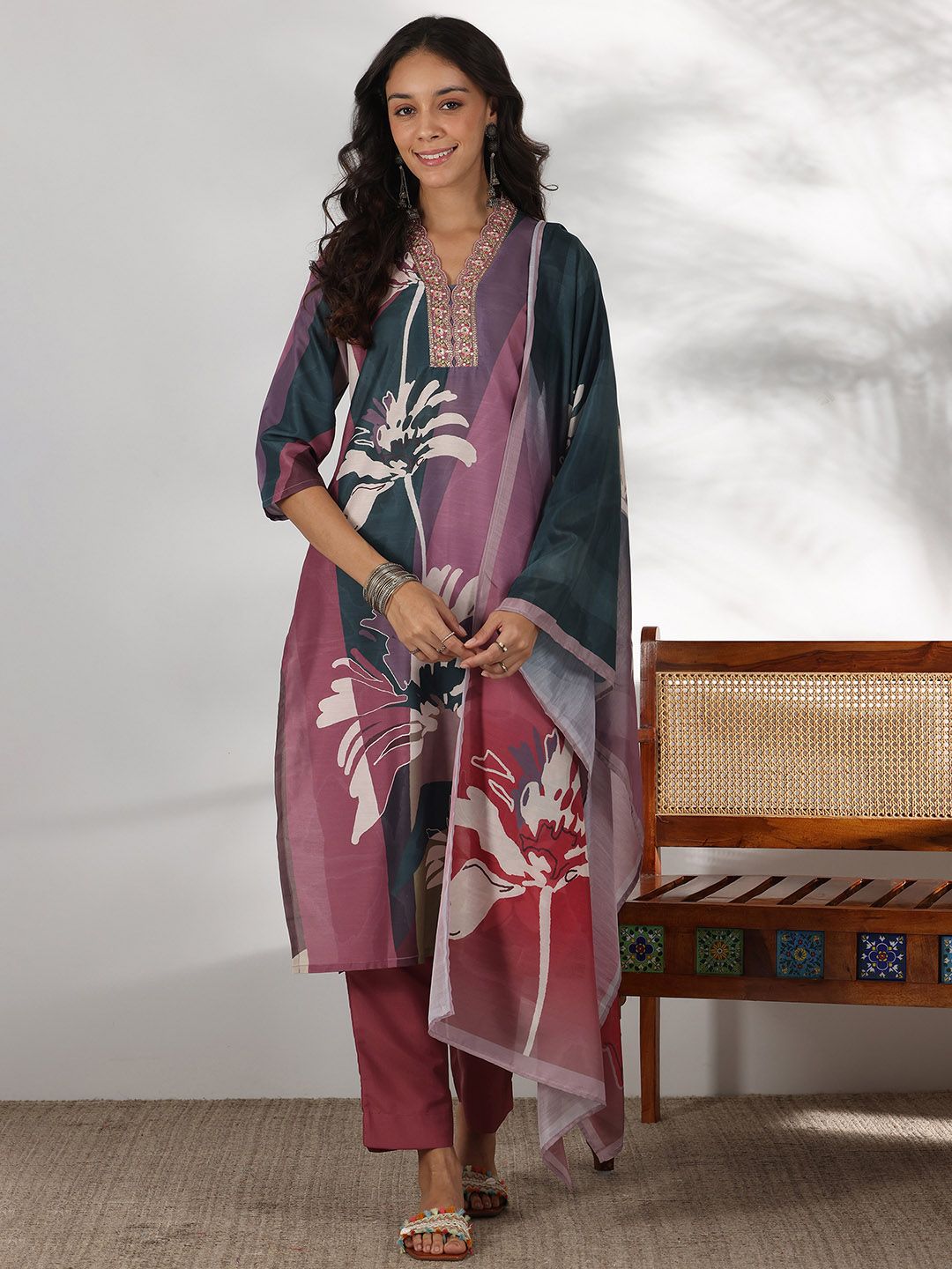 Libas Floral Printed Thread Work Straight Kurta with Trousers & Dupatta