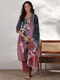 Libas Floral Printed Thread Work Straight Kurta with Trousers & Dupatta