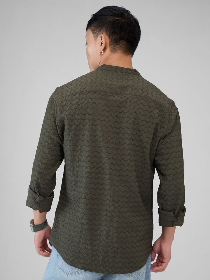 VASTRADO Men Classic Mandarin Collar Textured Casual Shirt