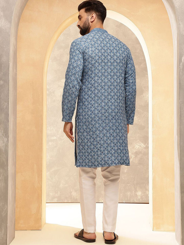 Anouk Blue Mandarin Collar Geometrik Sulam Labuci Kapas Tulen Kurta Lurus